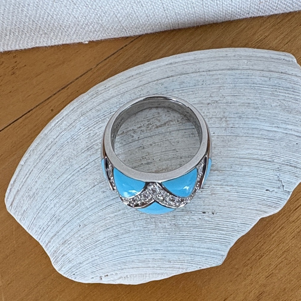 Eric Grossbardt Turquoise Inlay Diamonique CZ Channel Set Ring Sterling Size 10 - Picture 10 of 13